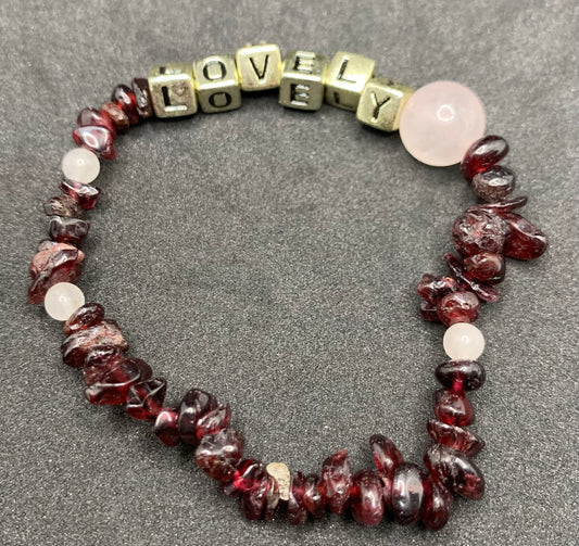 'LOVELY' Garnet & Rose Quartz Affirmation Bracelet